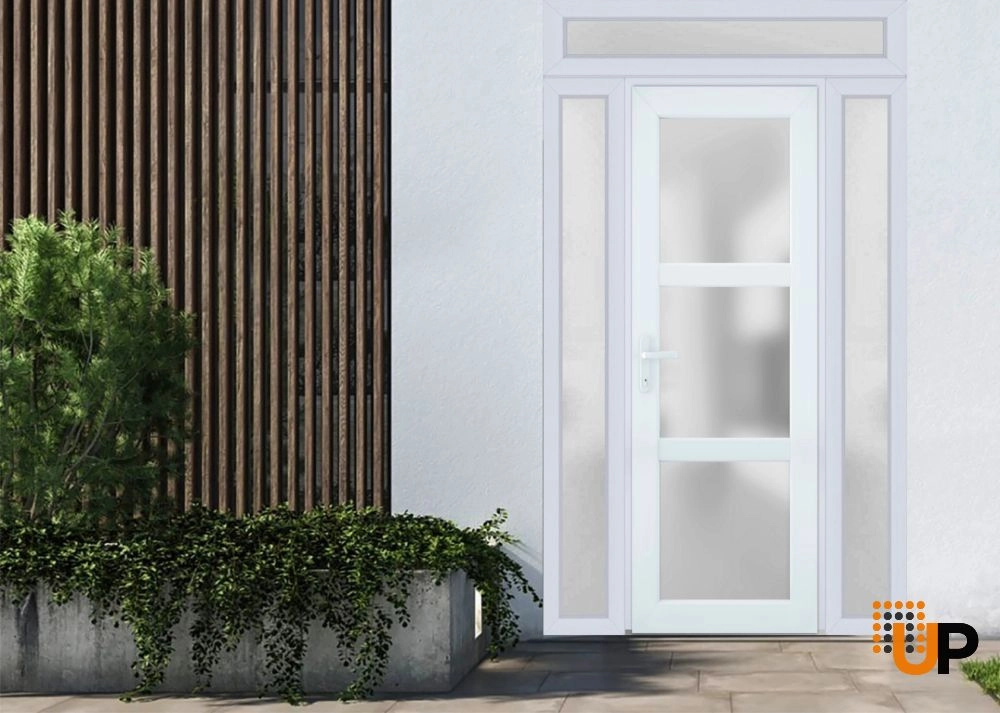 Single swing metal-plastic modern exterior door with tempered | Manux 8552 White | 64 x 94 photo#2