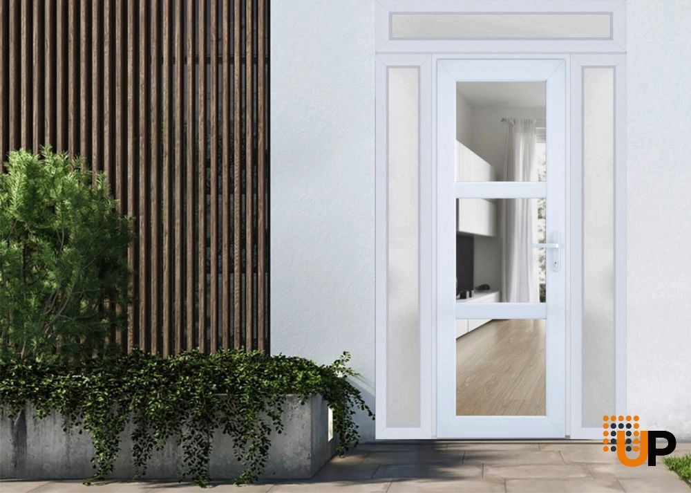 Single swing vinyl modern exterior door with tempered glass | Manux 8555 White | 54 x 94 photo#2