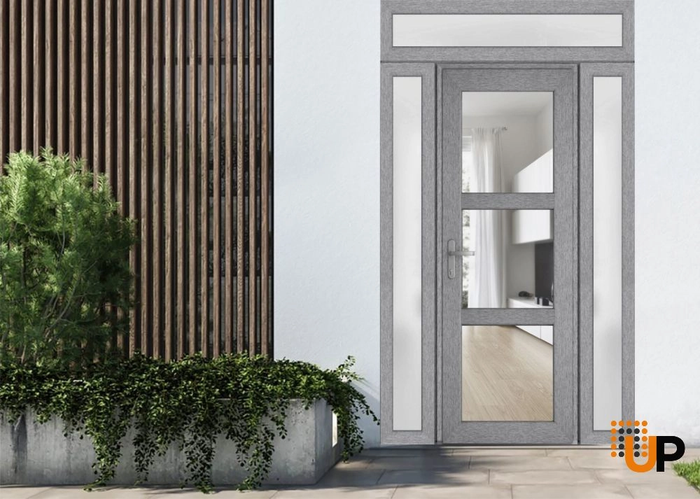Single swing vinyl modern exterior door with tempered glass | Manux 8555 Gray Ash | 60 x 94 photo#2