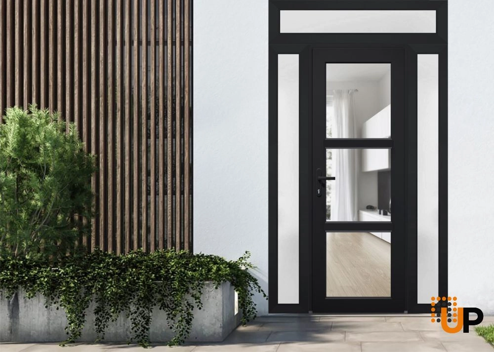Single swing vinyl modern exterior door with tempered glass | Manux 8555 Black | 64 x 94 photo#2