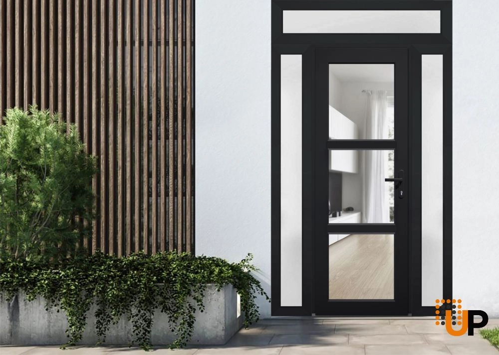 Single swing vinyl modern exterior door with tempered glass | Manux 8555 Black | 54 x 94 photo#2