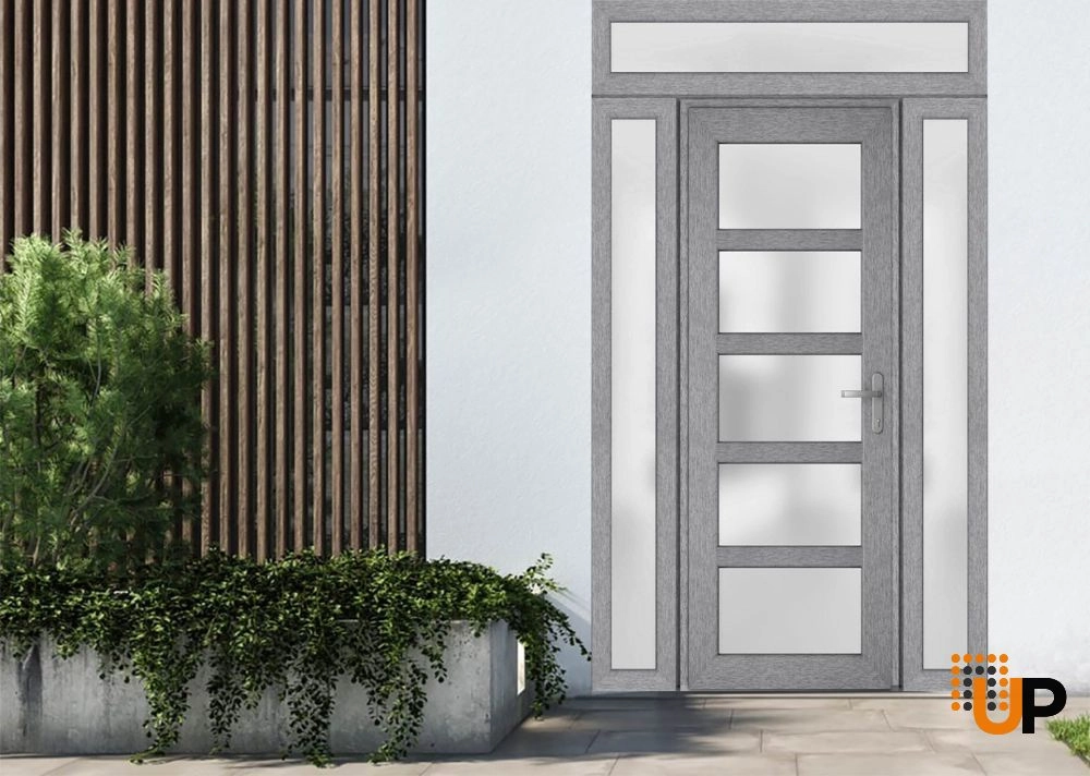 Single swing vinyl modern exterior door with tempered glass | Manux 8002 Gray Ash | 64 x 94 photo#2