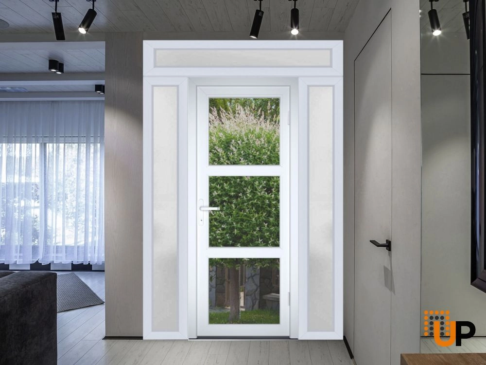Single swing vinyl modern exterior door with tempered glass | Manux 8555 White | 54 x 94 photo#3