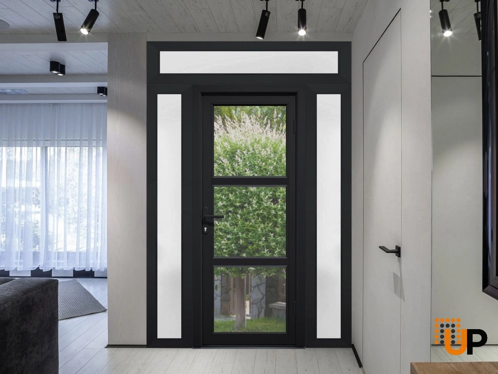 Single swing vinyl modern exterior door with tempered glass | Manux 8555 Black | 54 x 94 photo#3