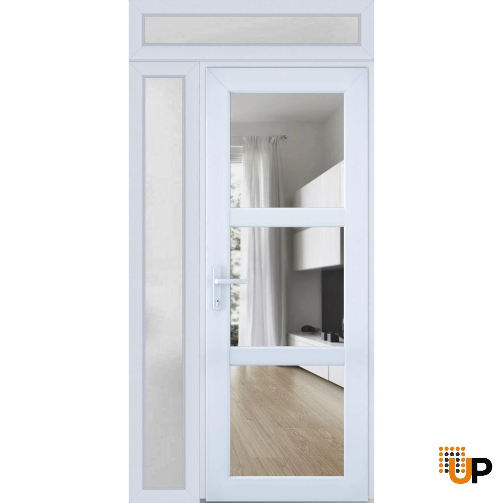 Single swing vinyl modern exterior door with tempered glass | Manux 8555 White | 48 x 94 photo#1