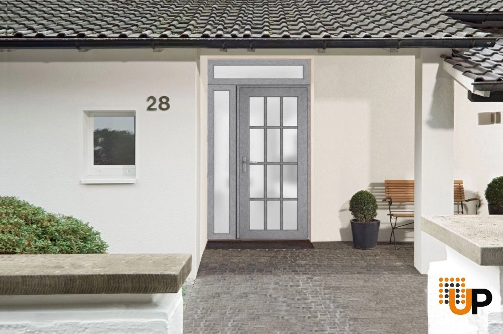 Single swing vinyl modern exterior door with tempered glass | Manux 8312 Gray Ash | 48 x 94 photo#3