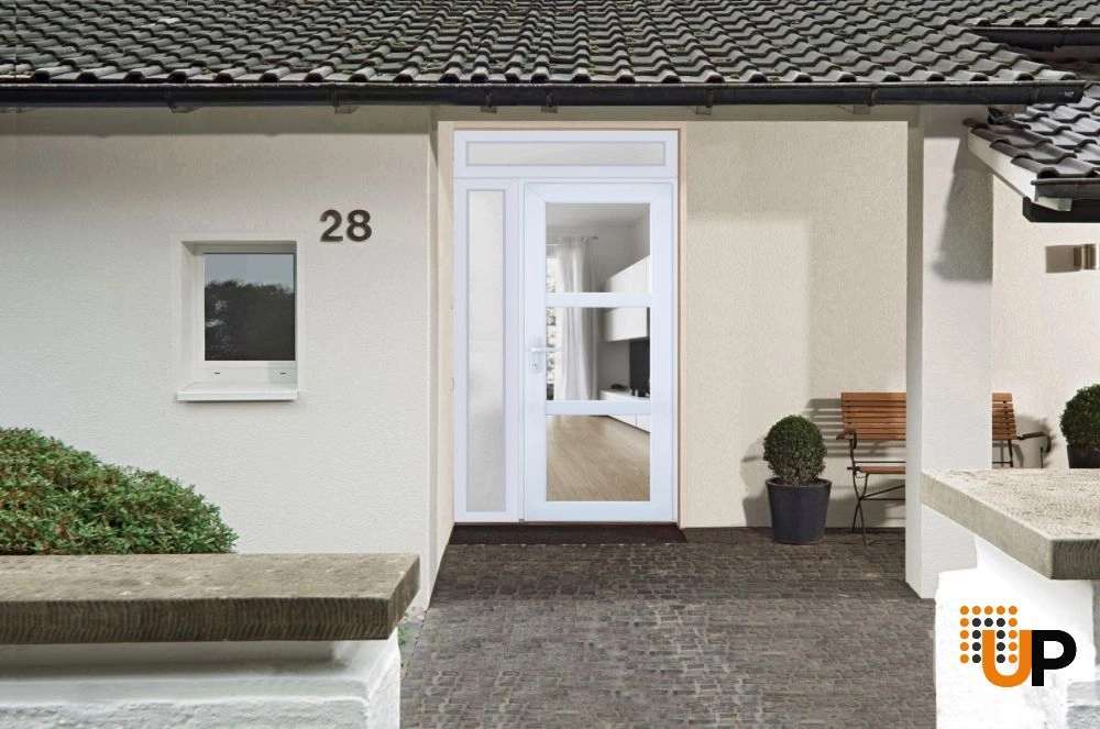Single swing vinyl modern exterior door with tempered glass | Manux 8555 White | 48 x 94 photo#3