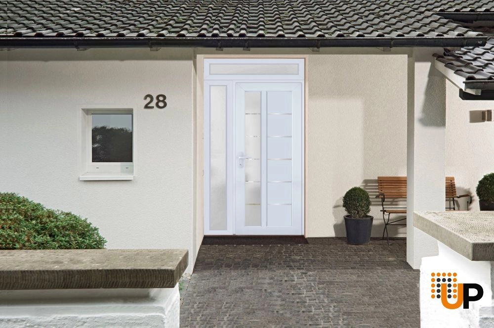 Single swing metal-plastic modern exterior door with tempered | Manux 8088 White | 48 x 94 photo#3