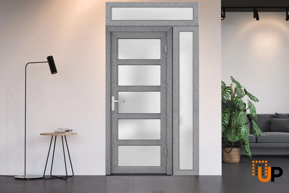 Single swing vinyl modern exterior door with tempered glass | Manux 8002 Gray Ash | 50 x 94 photo#3