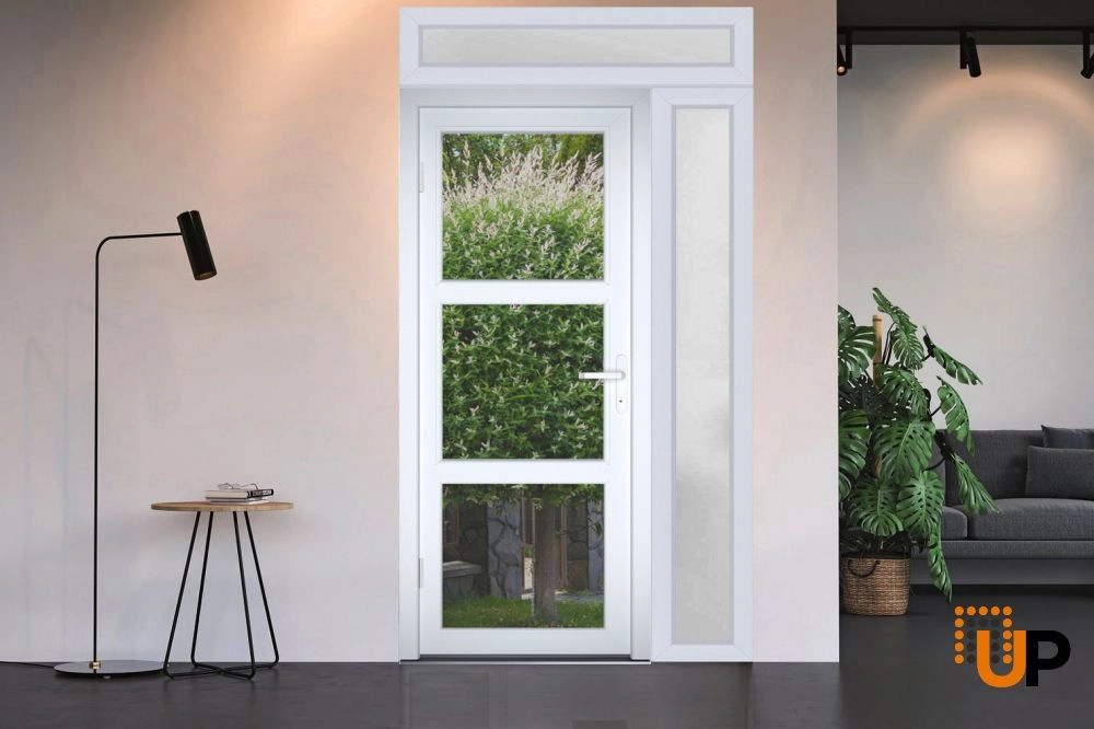 Single swing vinyl modern exterior door with tempered glass | Manux 8555 White | 48 x 94 photo#4