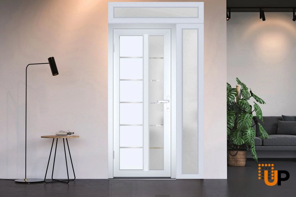Single swing metal-plastic modern exterior door with tempered | Manux 8088 White | 48 x 94 photo#5