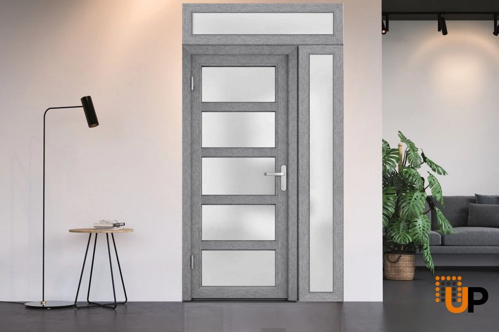 Single swing vinyl modern exterior door with tempered glass | Manux 8002 Gray Ash | 52 x 94 photo#4