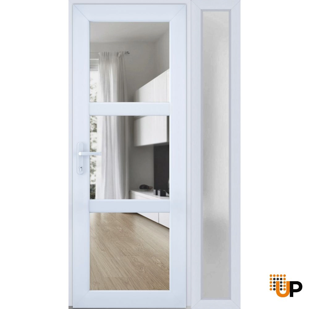 Single swing metal-plastic modern exterior door with tempered | Manux 8555 White | 48 x 80 photo#2