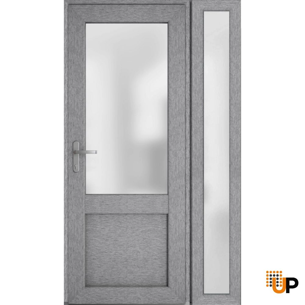Single swing metal-plastic classic exterior door with tempered | Manux 8422 Gray Ash | 48 x 80 photo#2