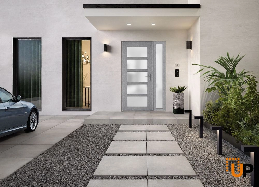 Single swing vinyl modern exterior door with tempered glass | Manux 8002 Gray Ash | 52 x 80 photo#3