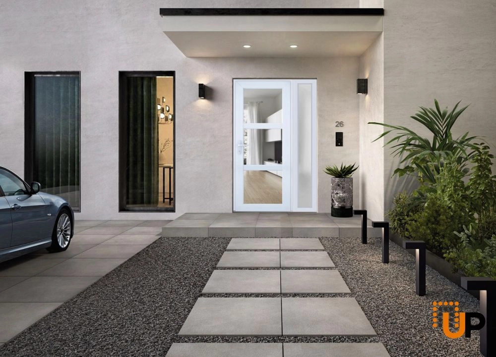 Single swing metal-plastic modern exterior door with tempered | Manux 8555 White | 48 x 80 photo#5
