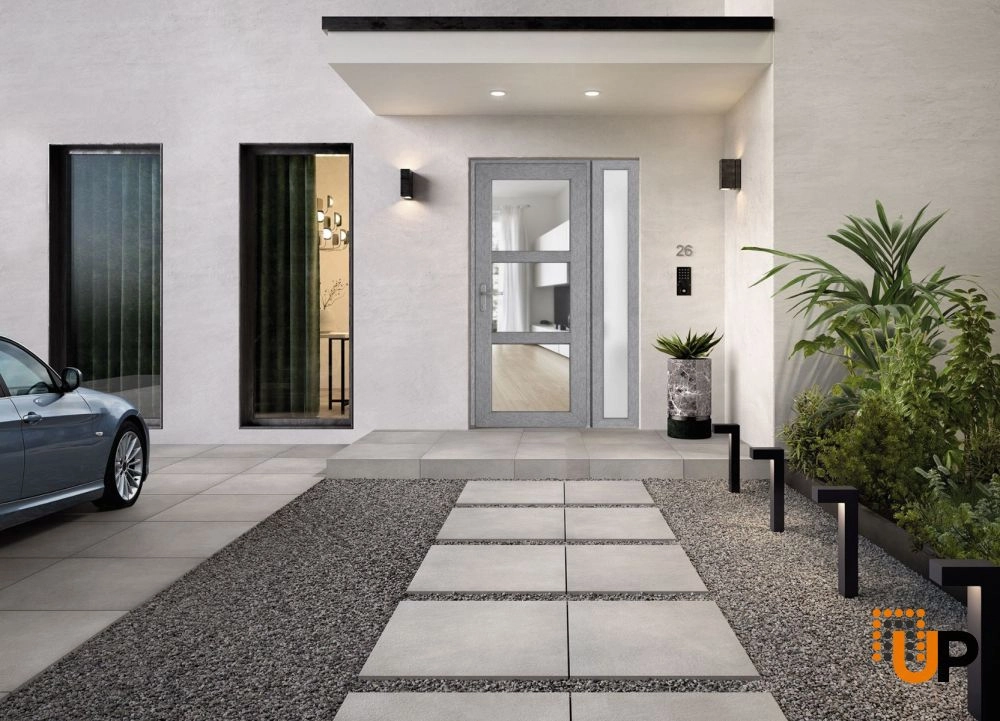 Single swing metal-plastic modern exterior door with tempered | Manux 8555 Gray Ash | 48 x 80 photo#5