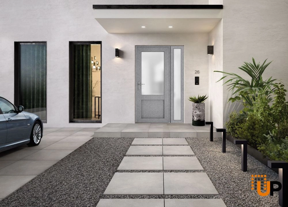 Single swing metal-plastic classic exterior door with tempered | Manux 8422 Gray Ash | 48 x 80 photo#5