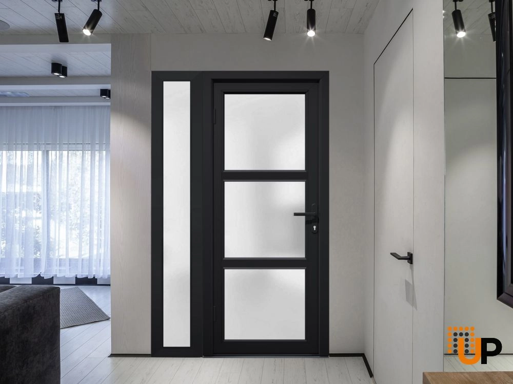 Single swing metal-plastic modern exterior door with tempered | Manux 8552 Black | 48 x 80 photo#6