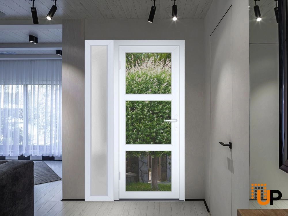 Single swing metal-plastic modern exterior door with tempered | Manux 8555 White | 48 x 80 photo#6