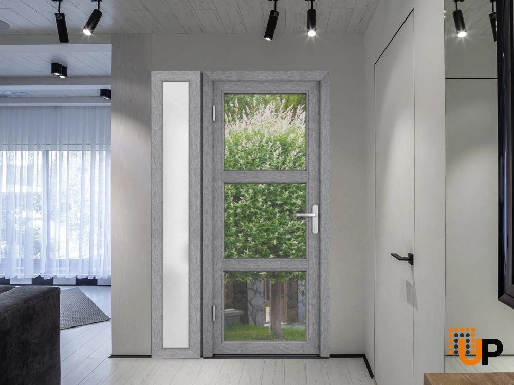 Single swing metal-plastic modern exterior door with tempered | Manux 8555 Gray Ash | 48 x 80 photo#6