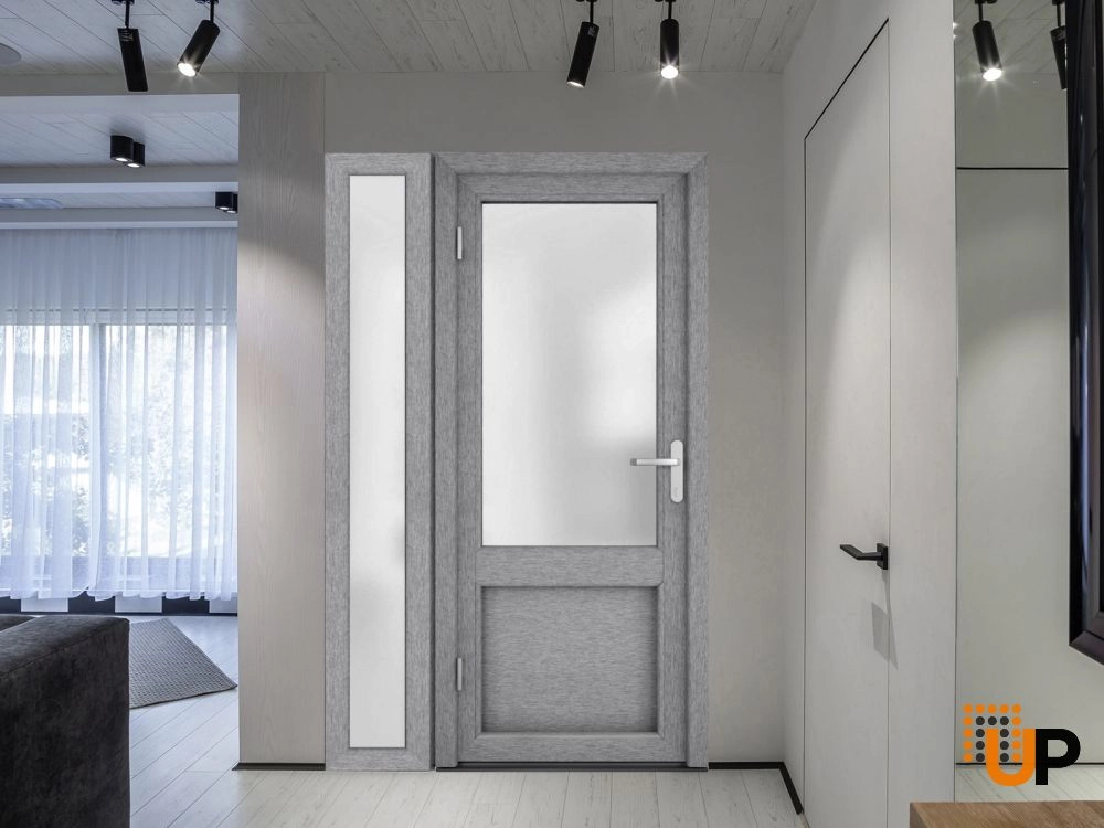 Single swing metal-plastic classic exterior door with tempered | Manux 8422 Gray Ash | 48 x 80 photo#6