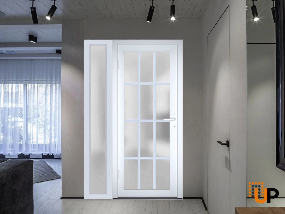 Single swing metal-plastic modern exterior door with tempered | Manux 8312 White | 48 x 80 photo#6
