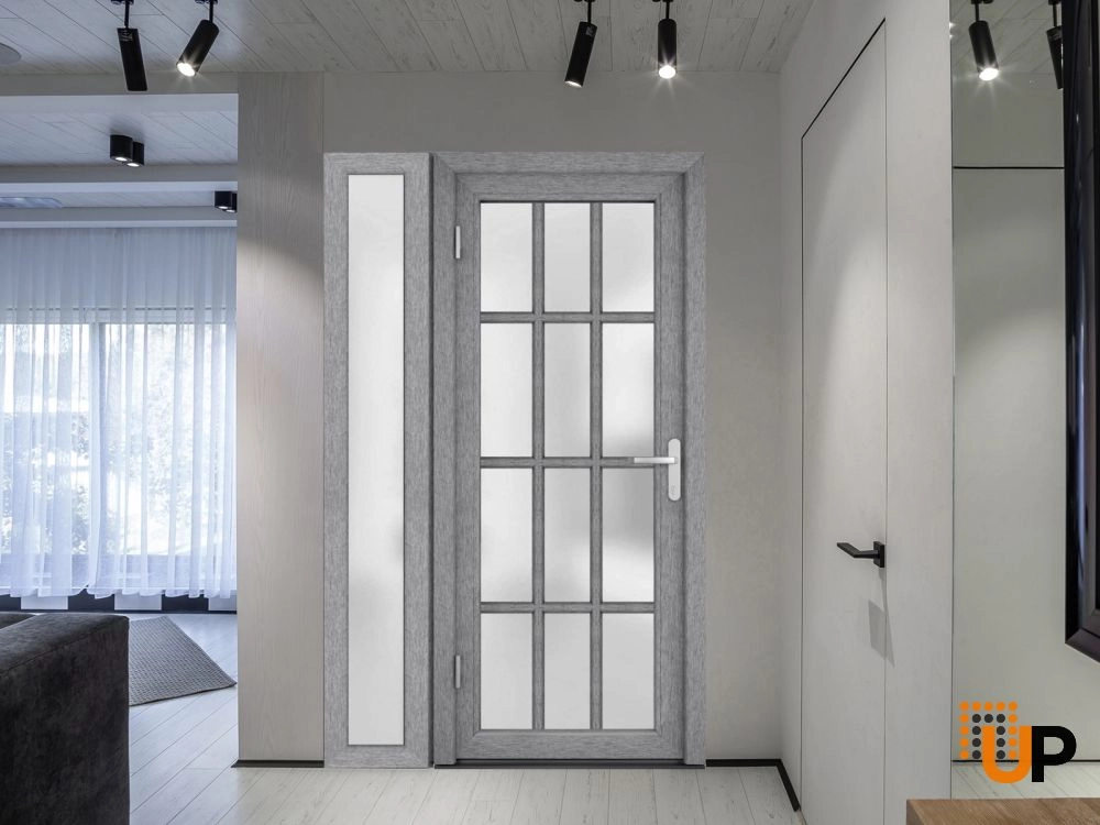 Single swing metal-plastic modern exterior door with tempered | Manux 8312 Gray Ash | 48 x 80 photo#6