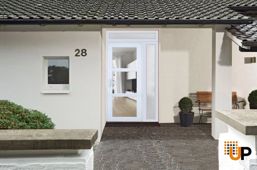 Single swing vinyl modern exterior door with tempered glass | Manux 8555 White | 48 x 94 photo#5