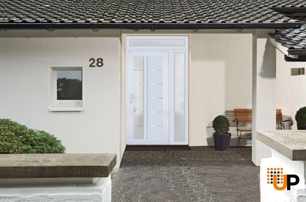 Single swing metal-plastic modern exterior door with tempered | Manux 8088 White | 48 x 94 photo#4