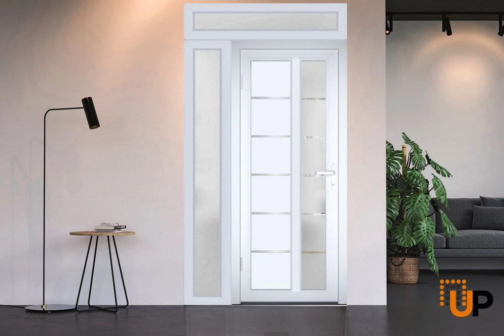 Single swing metal-plastic modern exterior door with tempered | Manux 8088 White | 48 x 94 photo#6