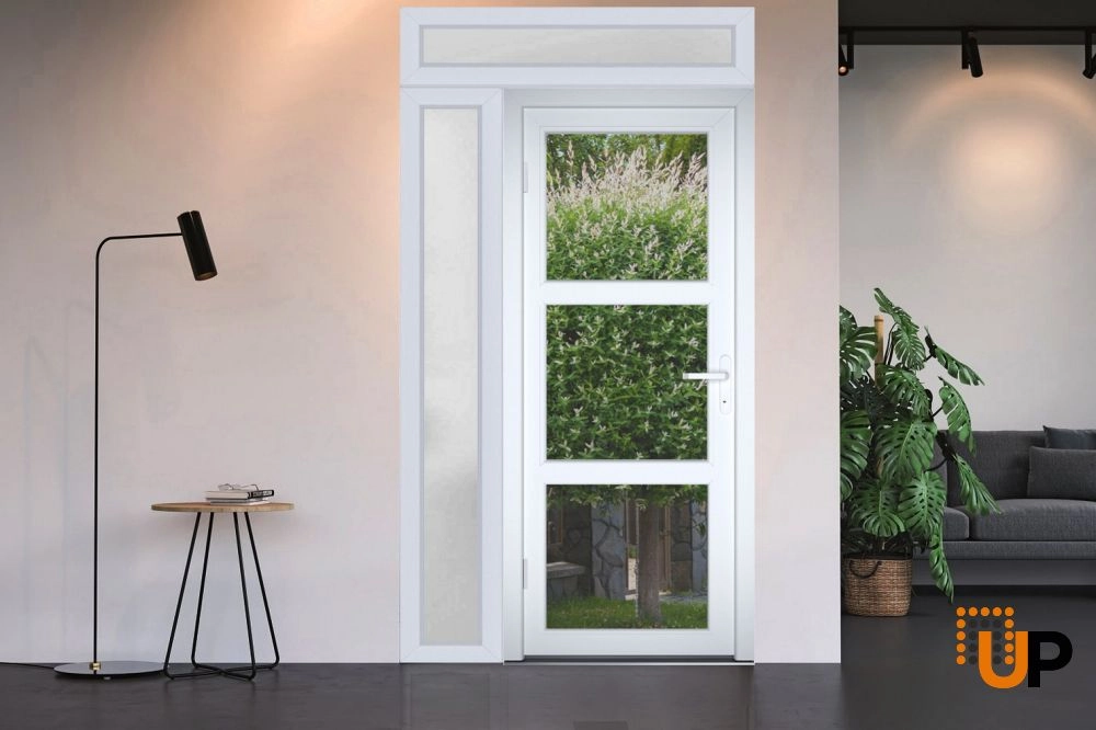 Single swing vinyl modern exterior door with tempered glass | Manux 8555 White | 48 x 94 photo#6