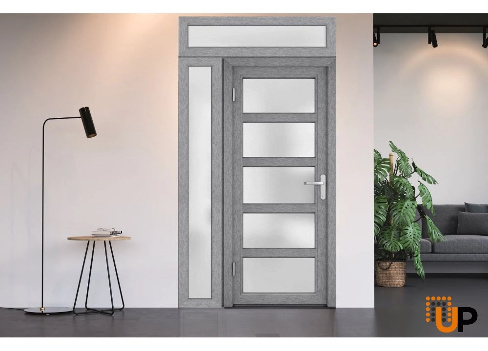Single swing vinyl modern exterior door with tempered glass | Manux 8002 Gray Ash | 52 x 94 photo#6