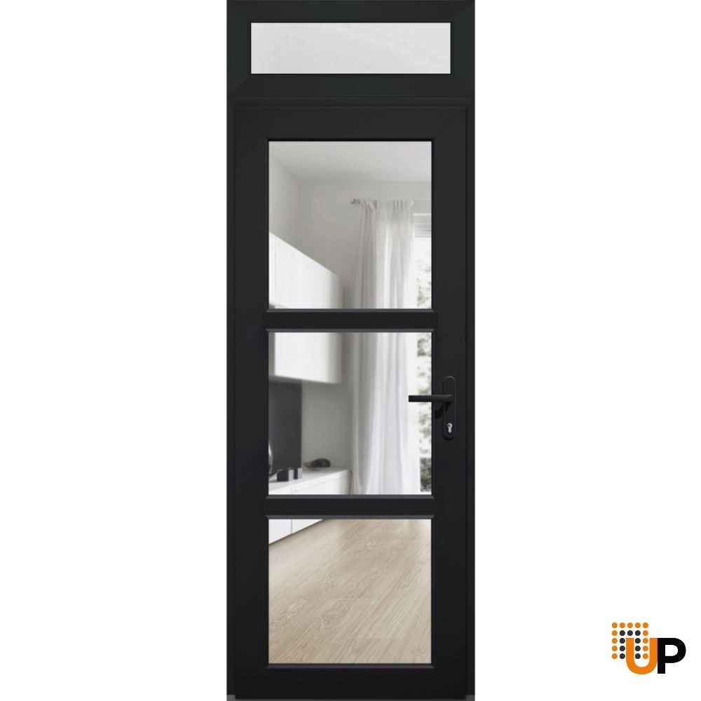 Single swing metal-plastic modern exterior door with tempered | Manux 8555 Black | 36 x 94 photo#1