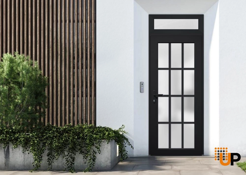 Single swing metal-plastic modern exterior door with tempered | Manux 8312 Black | 36 x 94 photo#2