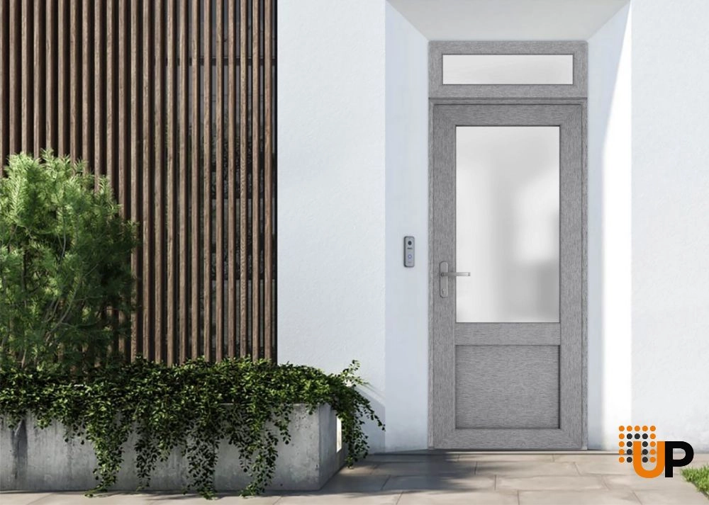 Single swing metal-plastic classic exterior door with tempered | Manux 8422 Gray Ash | 36 x 94 photo#2