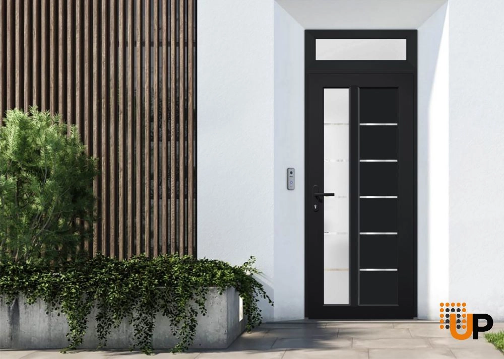 Single swing metal-plastic modern exterior door with tempered | Manux 8088 Black | 36 x 94 photo#2