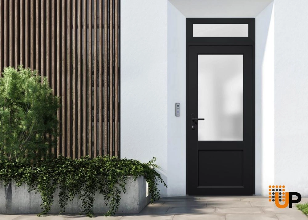 Single swing metal-plastic classic exterior door with tempered | Manux 8422 Black | 36 x 94 photo#2