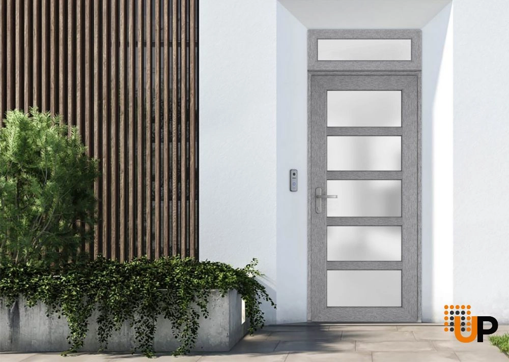 Single swing metal-plastic modern exterior door with tempered | Manux 8002 Gray Ash | 36 x 94 photo#2
