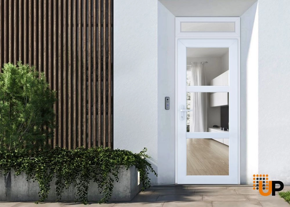 Single swing metal-plastic modern exterior door with tempered | Manux 8555 White | 36 x 94 photo#2