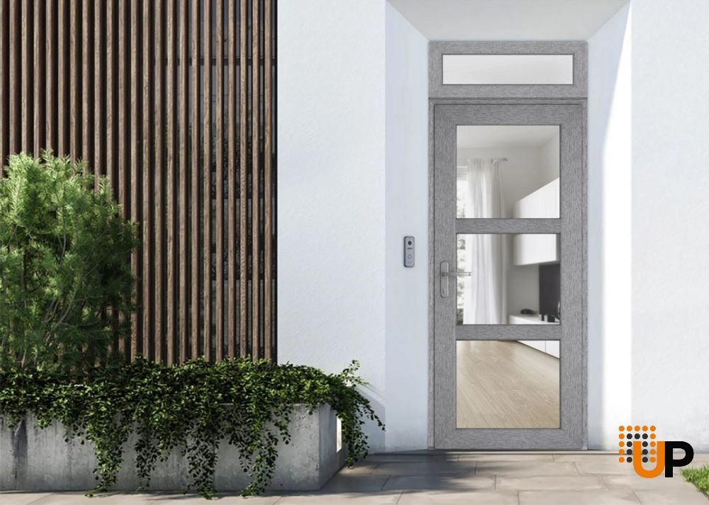 Single swing metal-plastic modern exterior door with tempered | Manux 8555 Gray Ash | 36 x 94 photo#2
