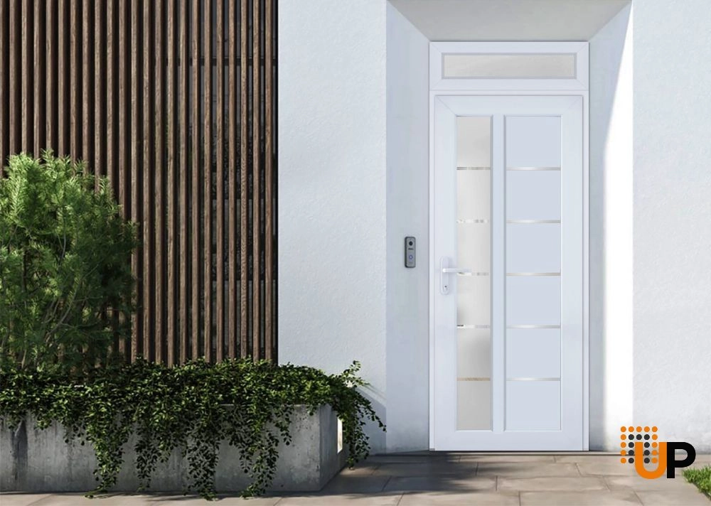 Single swing metal-plastic modern exterior door with tempered | Manux 8088 White | 36 x 94 photo#2