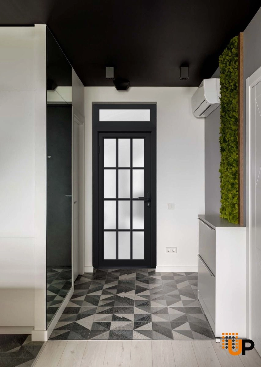 Single swing metal-plastic modern exterior door with tempered | Manux 8312 Black | 36 x 94 photo#3