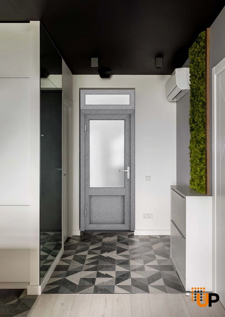 Single swing metal-plastic classic exterior door with tempered | Manux 8422 Gray Ash | 36 x 94 photo#3