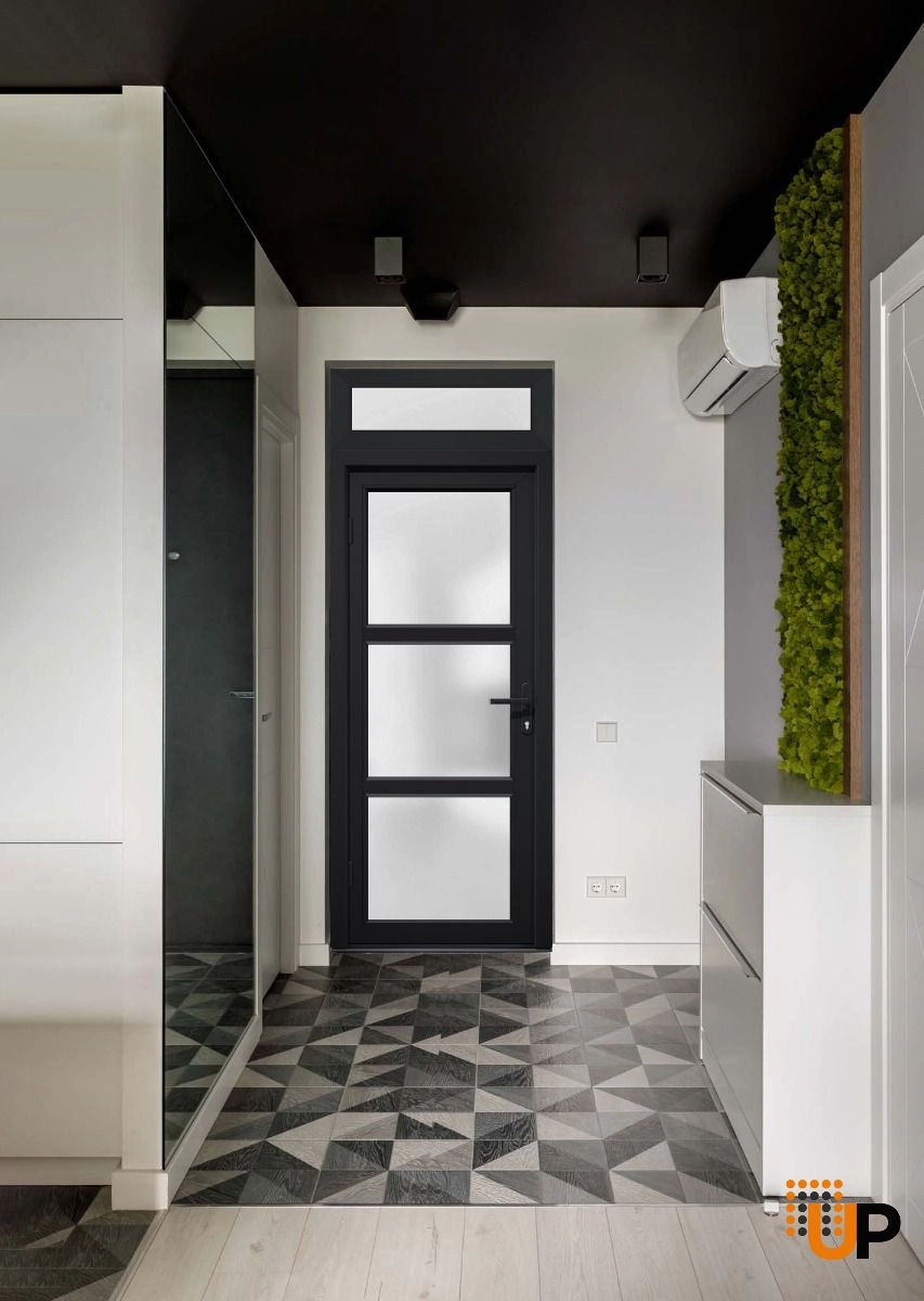 Single swing metal-plastic modern exterior door with tempered | Manux 8552 Black | 36 x 94 photo#3