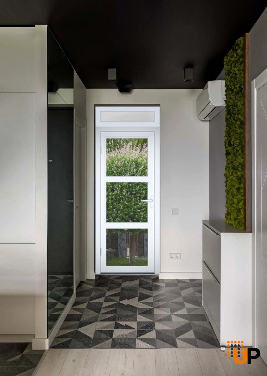 Single swing metal-plastic modern exterior door with tempered | Manux 8555 White | 36 x 94 photo#3