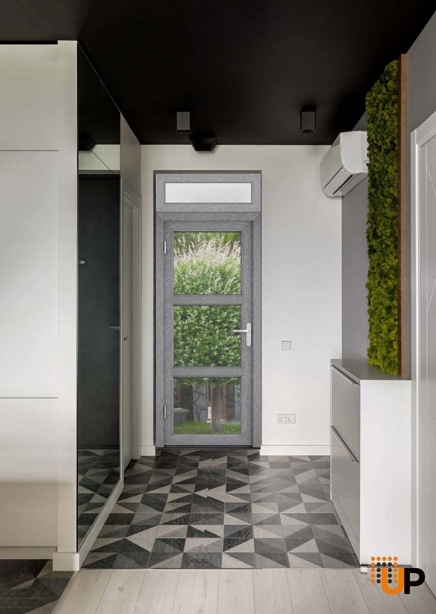 Single swing metal-plastic modern exterior door with tempered | Manux 8555 Gray Ash | 36 x 94 photo#3