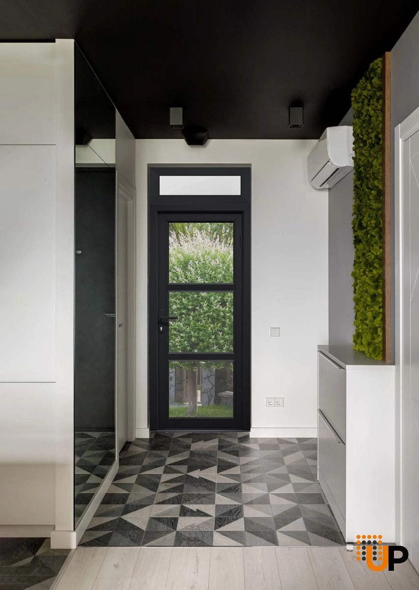 Single swing metal-plastic modern exterior door with tempered | Manux 8555 Black | 36 x 94 photo#3