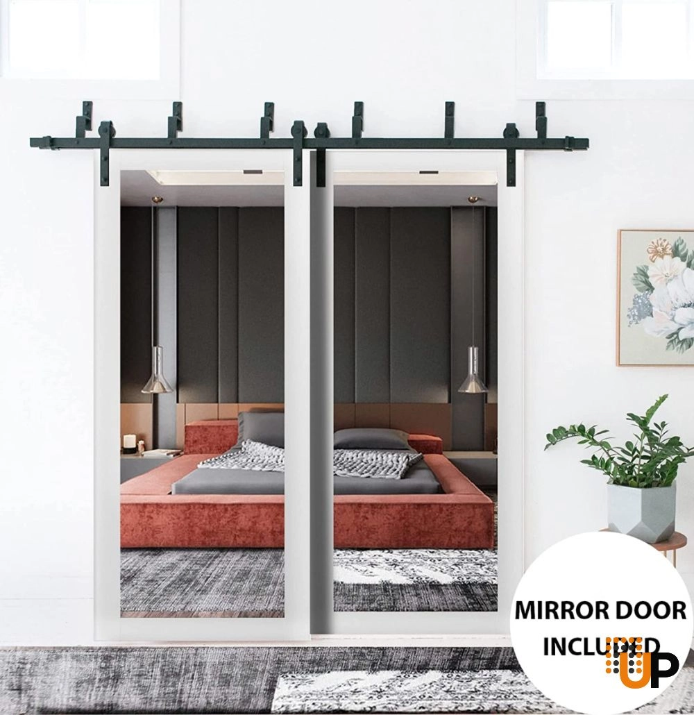 Double solid core sliding luxury interior barn bypass door with mirror glass | Lucia 1299 White | 36 x 80 (2* 18x80) photo#2