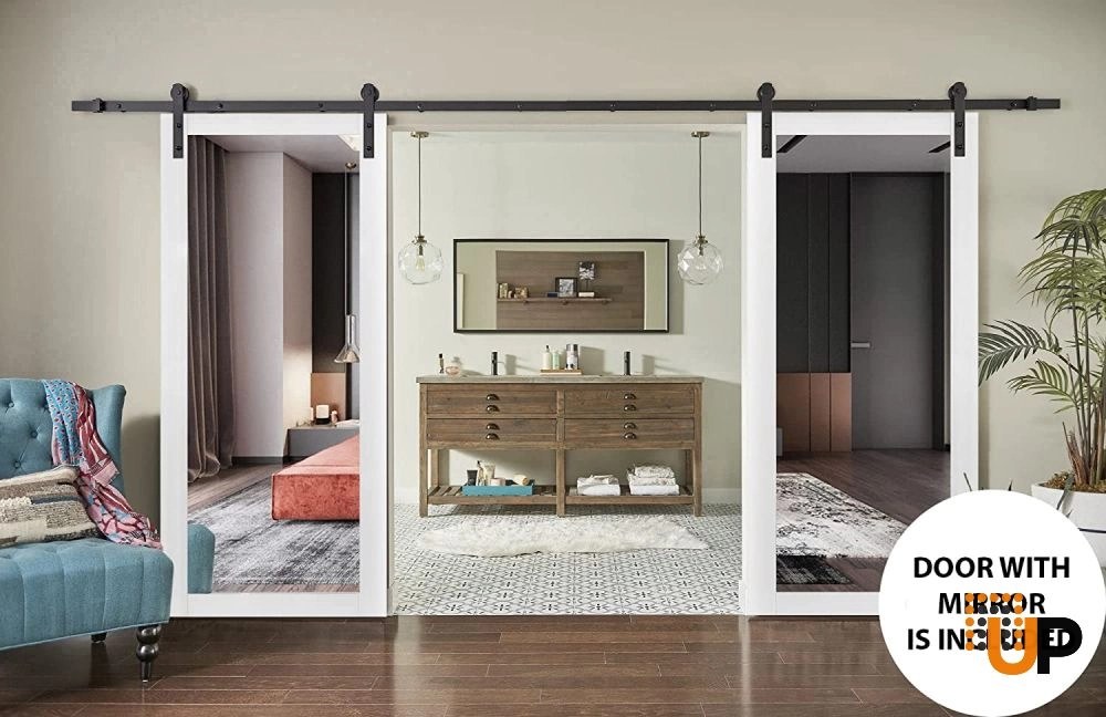 Double solid core sliding french interior barn double door with mirror glass | Lucia 1299 Black Matte | 36 x 80 (2* 18x80) photo#6